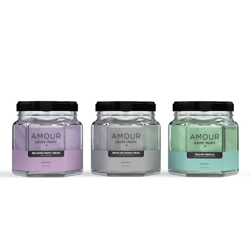 Amour natural creams: Repair & Renew, Relaxing Night and Healing Miracle